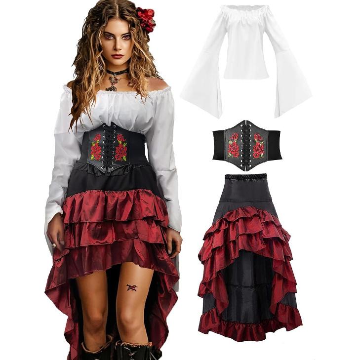 Halloween Vintage Pirate Dress Set, High Low Ruffle Long Skirt Medieval Costume Corset Waist Pirate Themed Outfit for Party