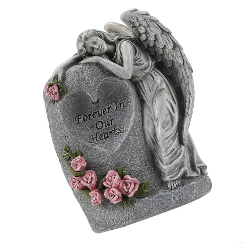 62KD Solarbetriebene Engelskulptur Gedenkvase Wetterfeste Harze Grabdekoration für Friedhofsgarten Außenbereich