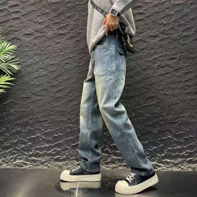 Loose washed blue jeans overalls American comfortable niche casual pants versatile straight men's long pants
