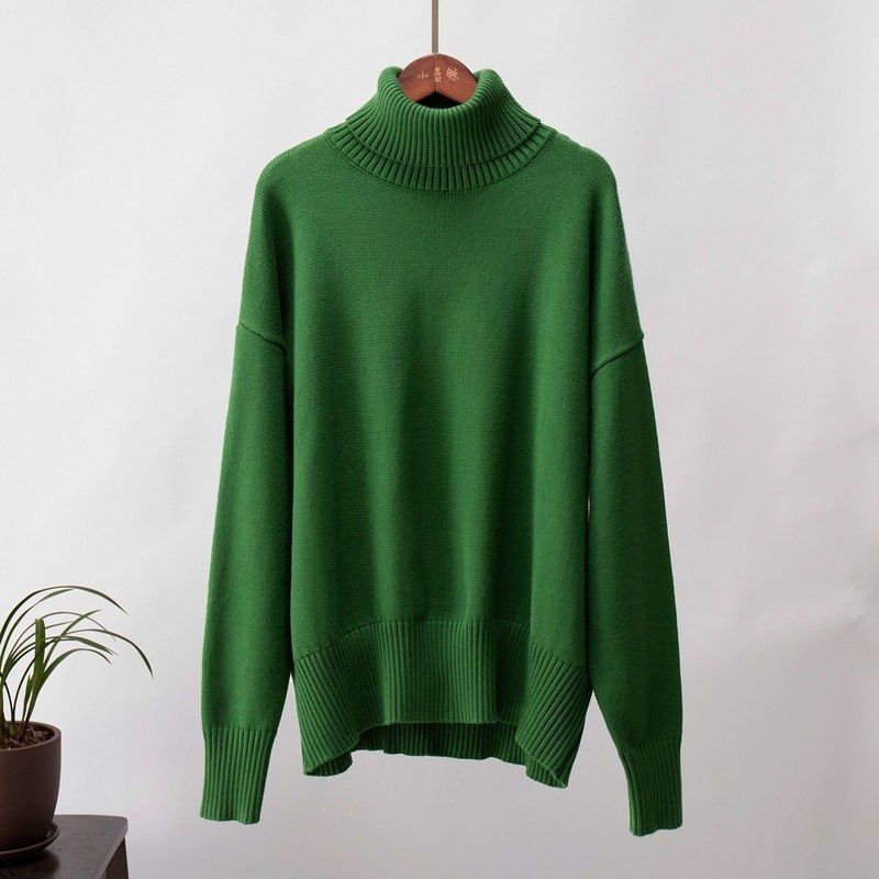 Women's Plus Size Turtleneck Sweater Autumn Winter Loose Solid Color Pullover Knit TopThick Stretch Knitwear