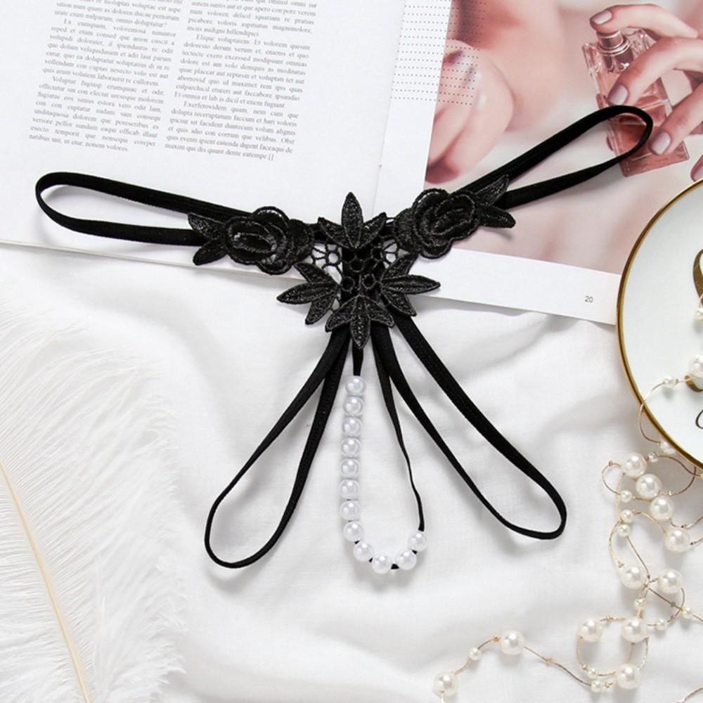 Hollow Open Crotch Lace Pearl Panties Low Waist Thin Belt Thong Valentine's Day Gift