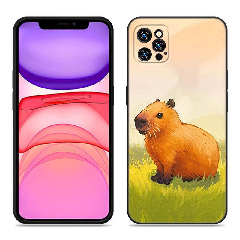 Cute Cartoon Capybara Phone Case For Apple iPhone 12 13 Mini 11 14 15 Pro Max 7 8 Plus X XR XS SE 2020 2022 Black Silicone Case