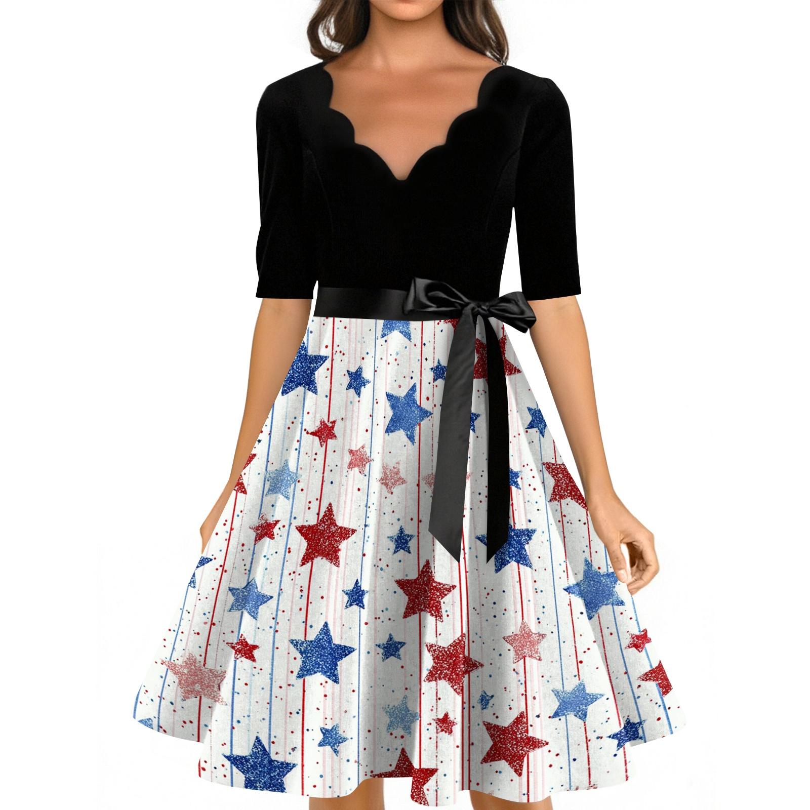 

Women’s Casual Fashion Independence Day Printed V-Neck Retro Short-Sleeve Dress XL