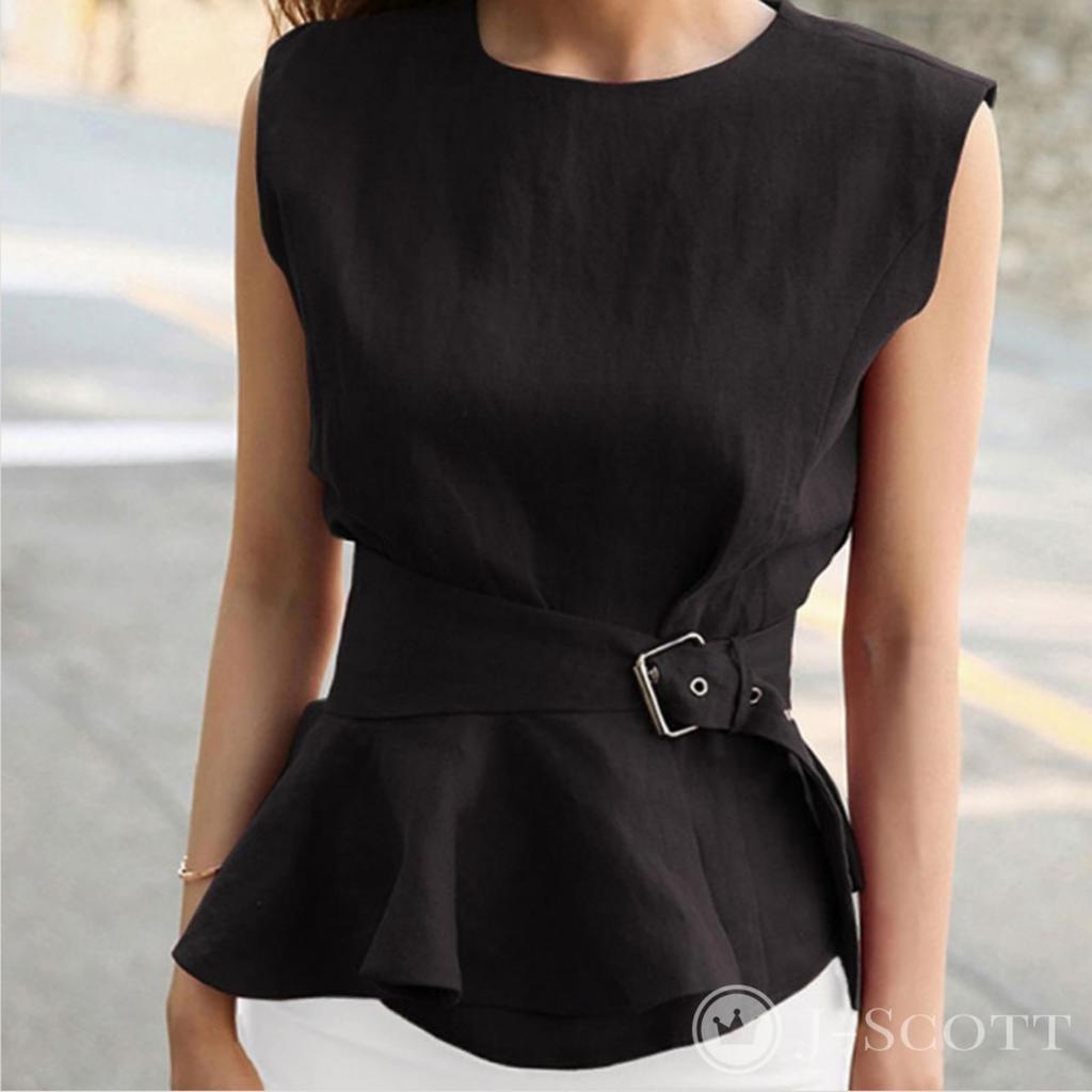 Sleeveless Round Waist Ruffle Plain Round Body Ruffle Linen Flare Adult Body Stylish Summer Blouse Black [J-Scott] Women's Blouse, Peplum, Neck, Belt,
