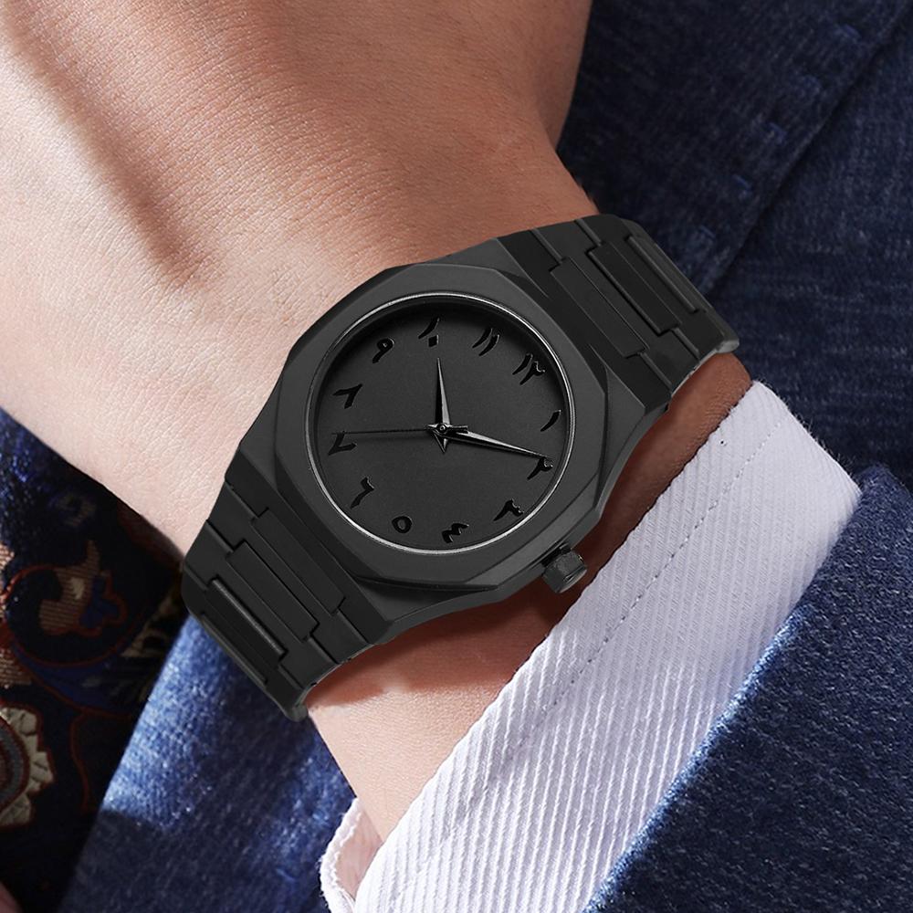 4PC Plastic Case Men's Watch Set Business Trend Black Round Dial Quartz Watch Bracelet Necklace Ring Set Perfect Gift