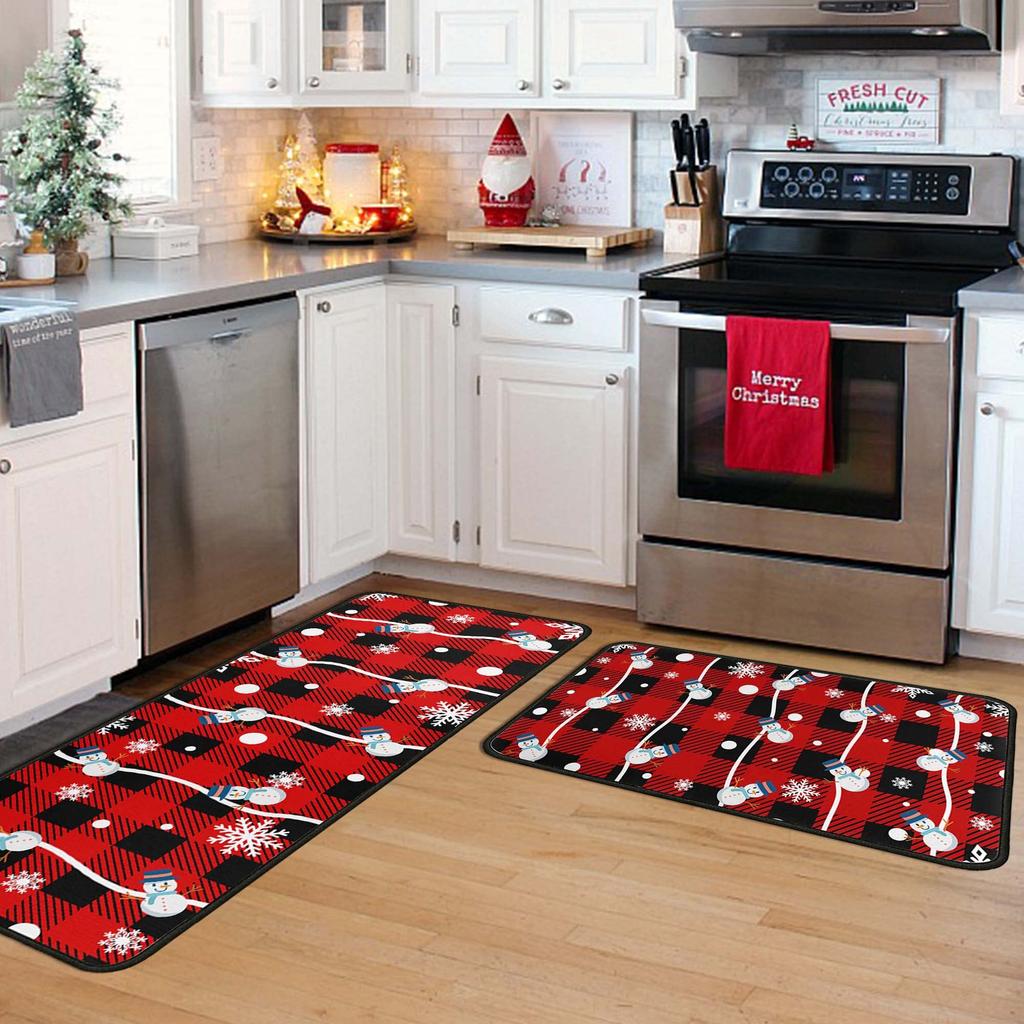 2PCS Merry Christmas Kitchen Runner Area Rug Snowman Indoor Non Slip Washable Floor Mat for Party Hallway Home Decoration