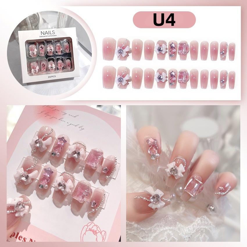 White Blue Color 3D Rabbit Star Rhinestone Designs-Full Cover Acrylic False Nails for Women and Girls Detachable Long Fake Nails