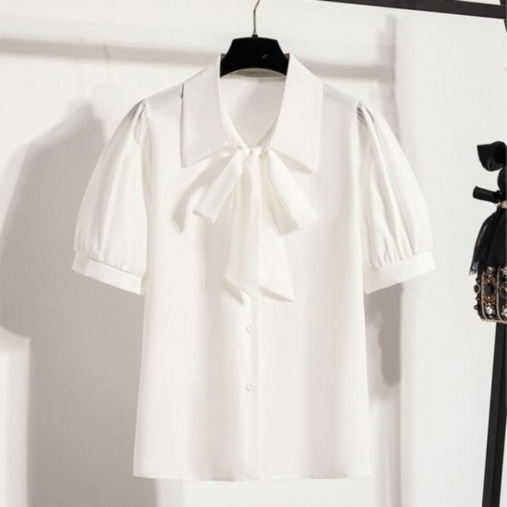 Navava Women Ribbon Neck Collar Short Sleeve Blouse Shirt Nb3184