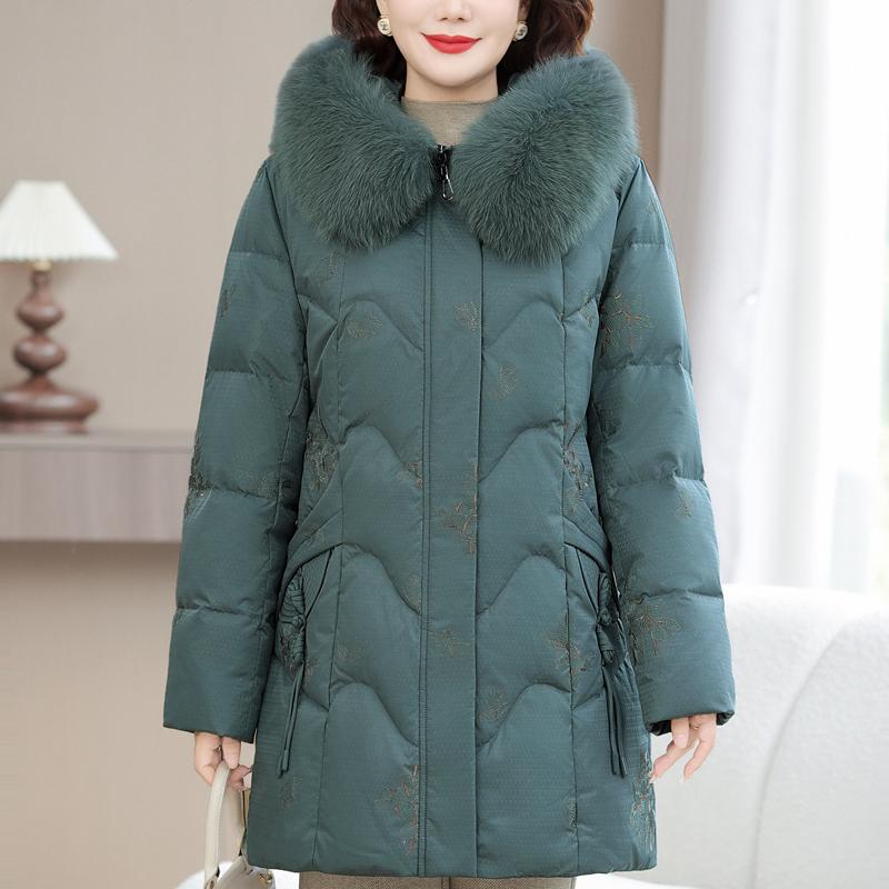 Real Fur Collar Middle-aged Women's Winter Down Coats Hooded Plus Size XL-6XL Embroidery White Duck Down Jackets for Women Thick Warm Parkas
