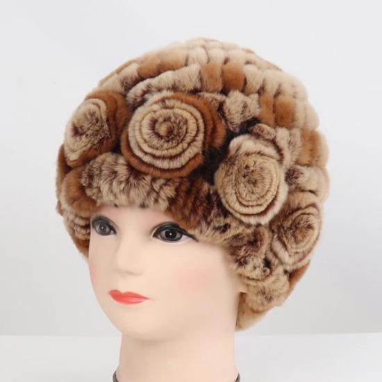 Hot Sale Winter Women Flower Striped Natural Real Fur Hats Lady Warm Knit Genuine Rex Rabbit Fur Caps Outdoor Fur Beanies Hats