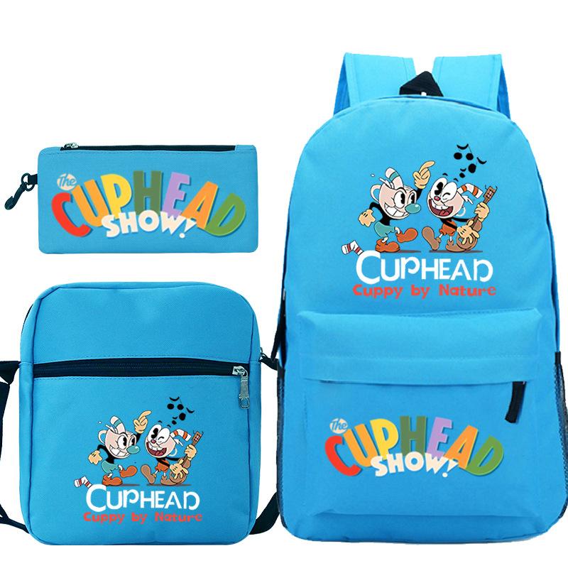 Cartoon Teacup Head Cuphead Student Backpack Oblique Span Bag Pencil Bag Primary And Secondary School Students Children'S Schoolbag Three-Piece Set