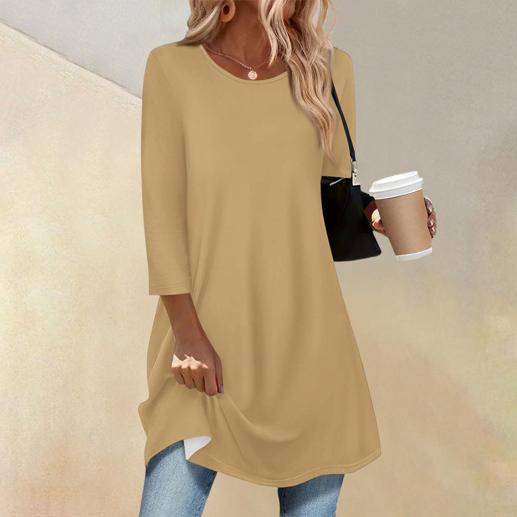 Women's Fashion Casual Three-quarter Sleeve Long Solid Color Round Neck Top