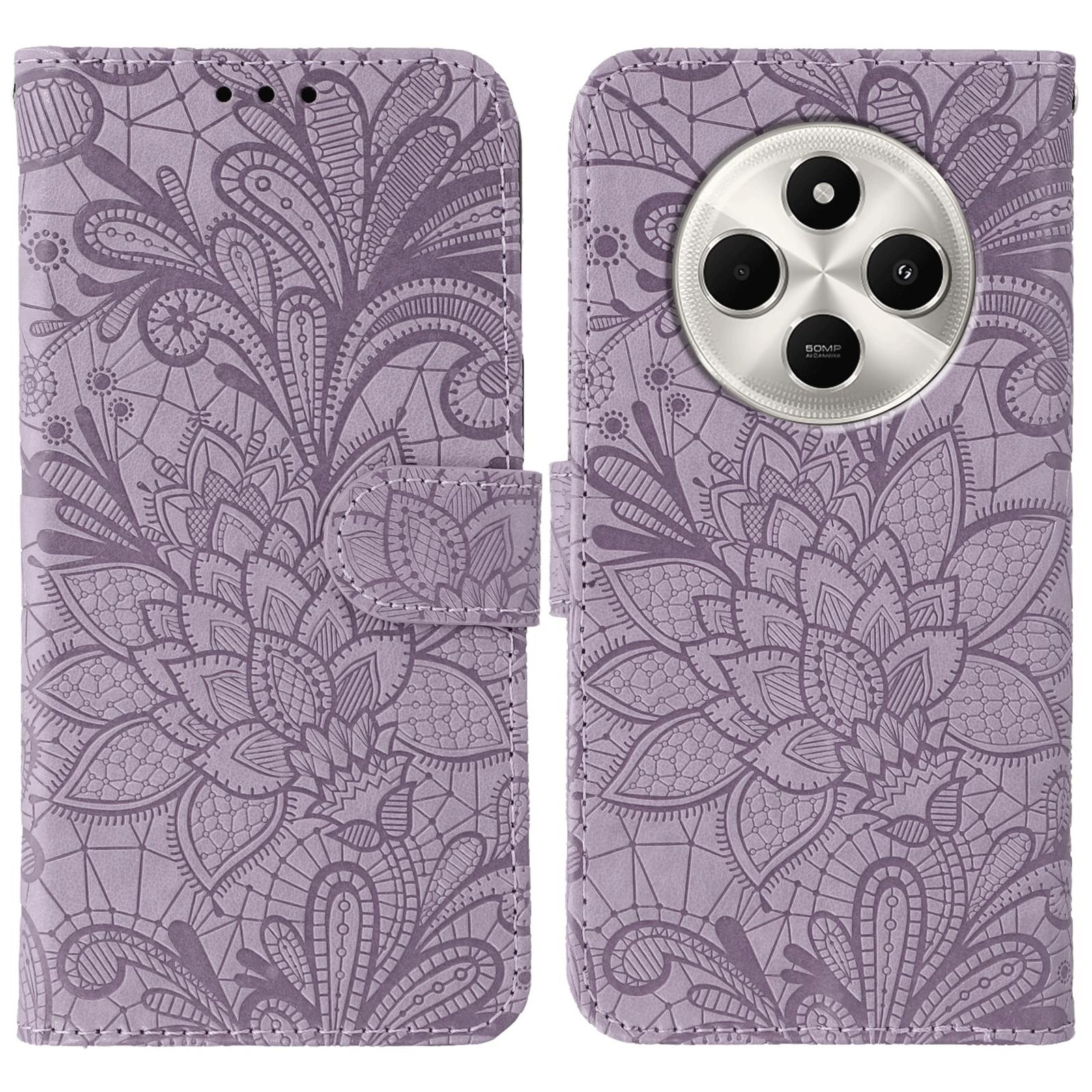 

For Xiaomi Redmi 14C 4G/14C 5G/14R 5G/A3 Pro 4G/A4 5G/Poco C75 4G/Poco M7 5G Case Lace Flowers PU Leather Wallet Phone Cover Purple