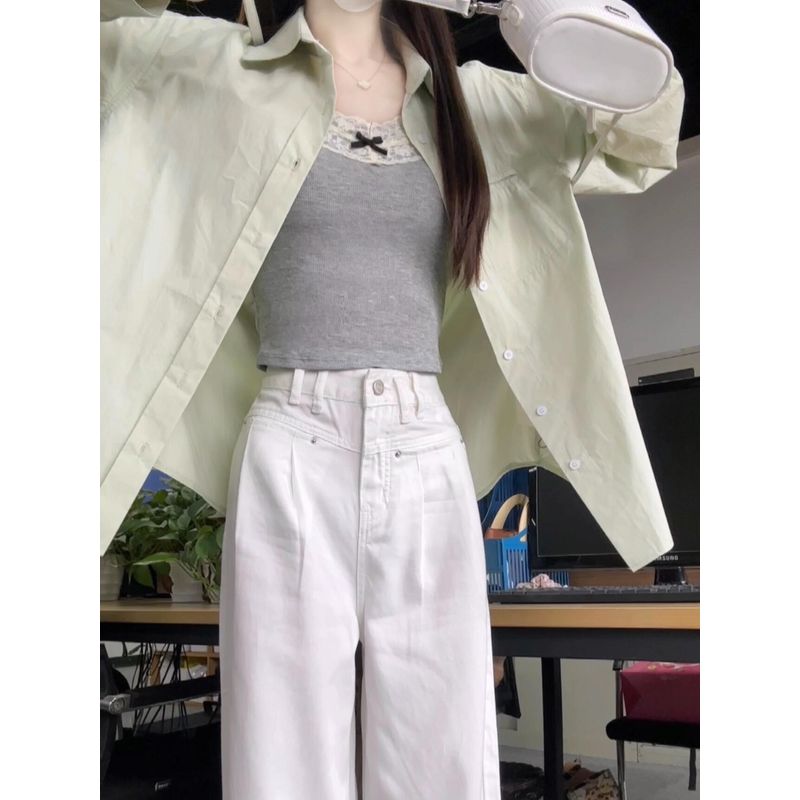 Pure Cotton Bandage Dress Rose Pink Shirt for Women Inner Wear Base Loose All-Matching Slimming Long Sleeve Shirt Coat Trendy