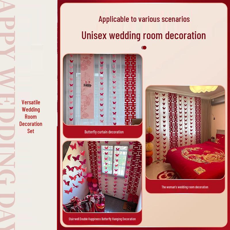 3D Butterfly Wedding Room Decoration Set: Double Happiness Curtains and Pull Flower Ornaments