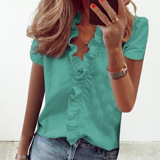 Women Shirt V-neck Lace Ruffle Soft Low-cut Dating Short Sleeves Commute OL Style Blouse