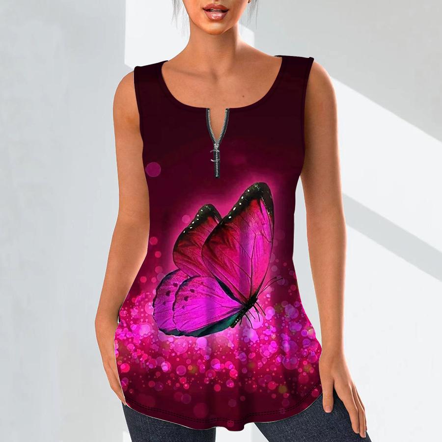 

Женские модные рубашки с v-образным вырезом, повседневные топы, футболка, женский жилет с 3D синим принтом бабочки, блузка без рукавов больших размеров, топы на бретелях 6XL розовый