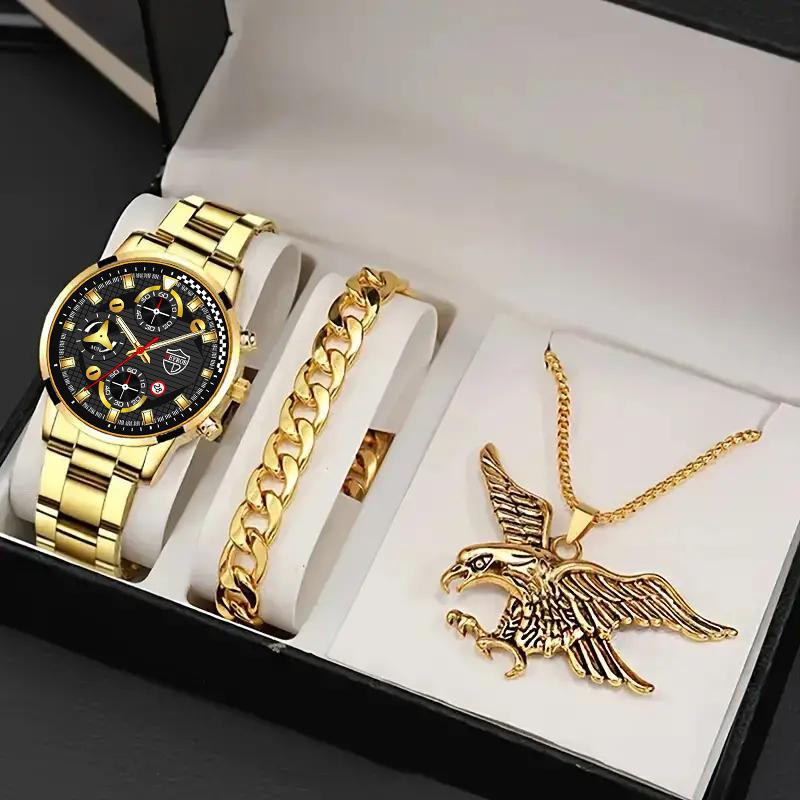 3pcs/set 1pc Men's Luxury Calendar Quartz Watch, Fashion Business Men's Stainless Steel Wrist Watch & Bracelet Necklace Set