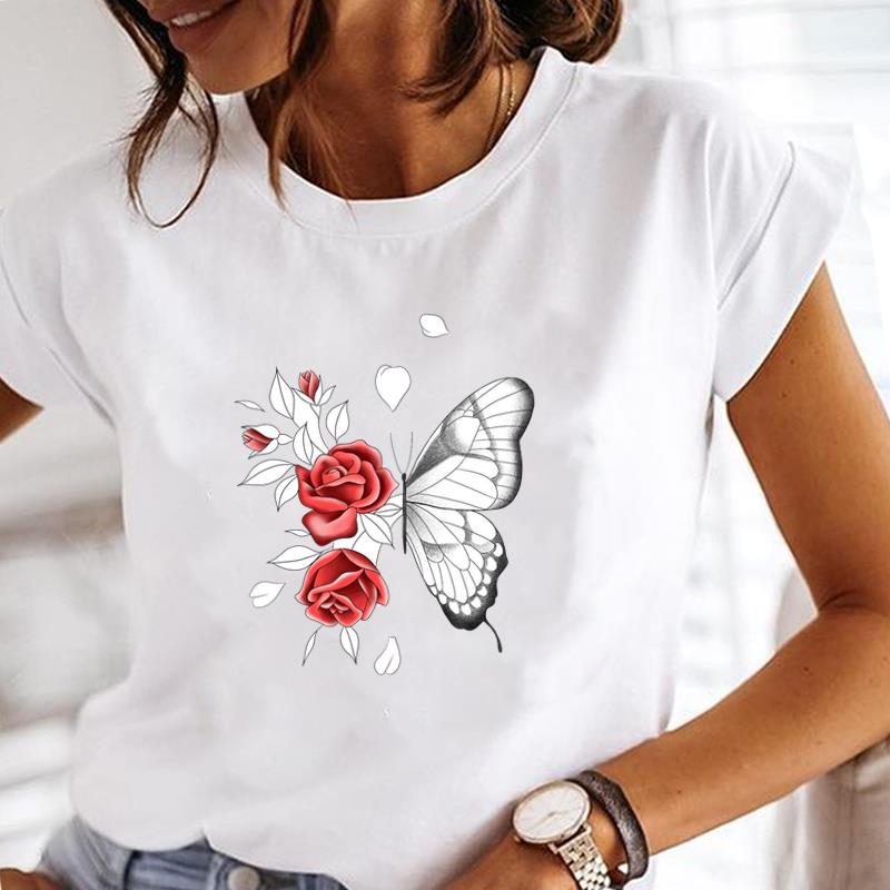 (Asian Size) butterfly cute Casual Clothing Printed Female Top T Shirt o-neck Short Sleeve T-shirts Lady Fashion Women Graphic Tee