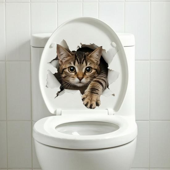 Easy Apply Toilet Seat Stickers 3D Realistic Cat Sticker, Waterproof PVC Lid Decal, Removable Cute Bathroom Decor for Home Self-adhesive Kitten