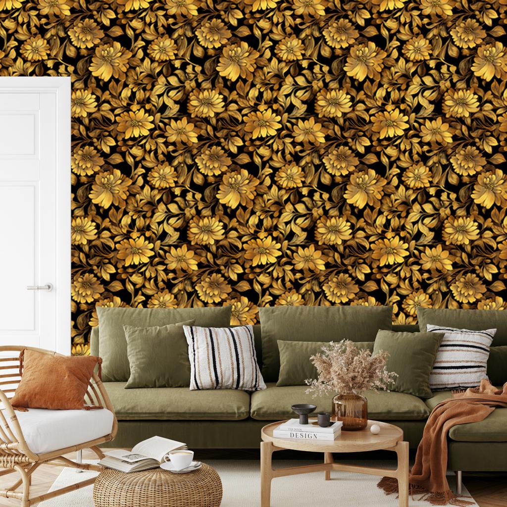 Golden Hibiscus Wallpaper Ochre and Gold, Clear Detail 50x1000