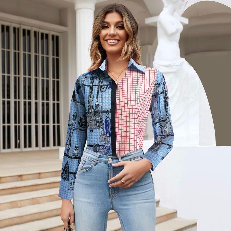 Fashion Spring & Fall New Lapel Work Clothing Ol Fashion Single-Breasted Straight-leg Gingham Geometric Print Long Sleeve Shirt Top