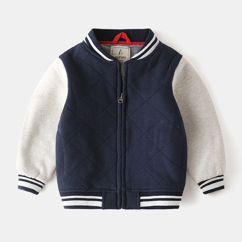 Boys  Baseball Jacket Outwear Autumn and Winter Baby Boy Zipper Thickening Outwear Kids Zip-up Shirt Casual Color Matching Top Navy Blue Patchwork Sleeve Jacket 130