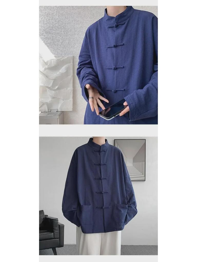 Herren Langarm Leinen Chinesische geknöpfte Hanfu Tang Jacke, Übergröße