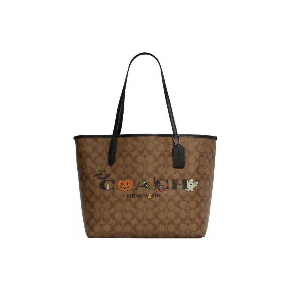 Coach City 33 Classic Monogram Halloween Flag Print Large Capacity Canvas And Leather Tote Bag Women Tote Brown Black 5714-IMOUC