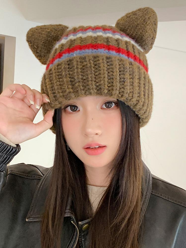 Winter Women Cute Cat Ears Stretchy Hats Fashion Warm Beanie Hat Striped Knitted Handmade Adult Cover Head Caps Casual New