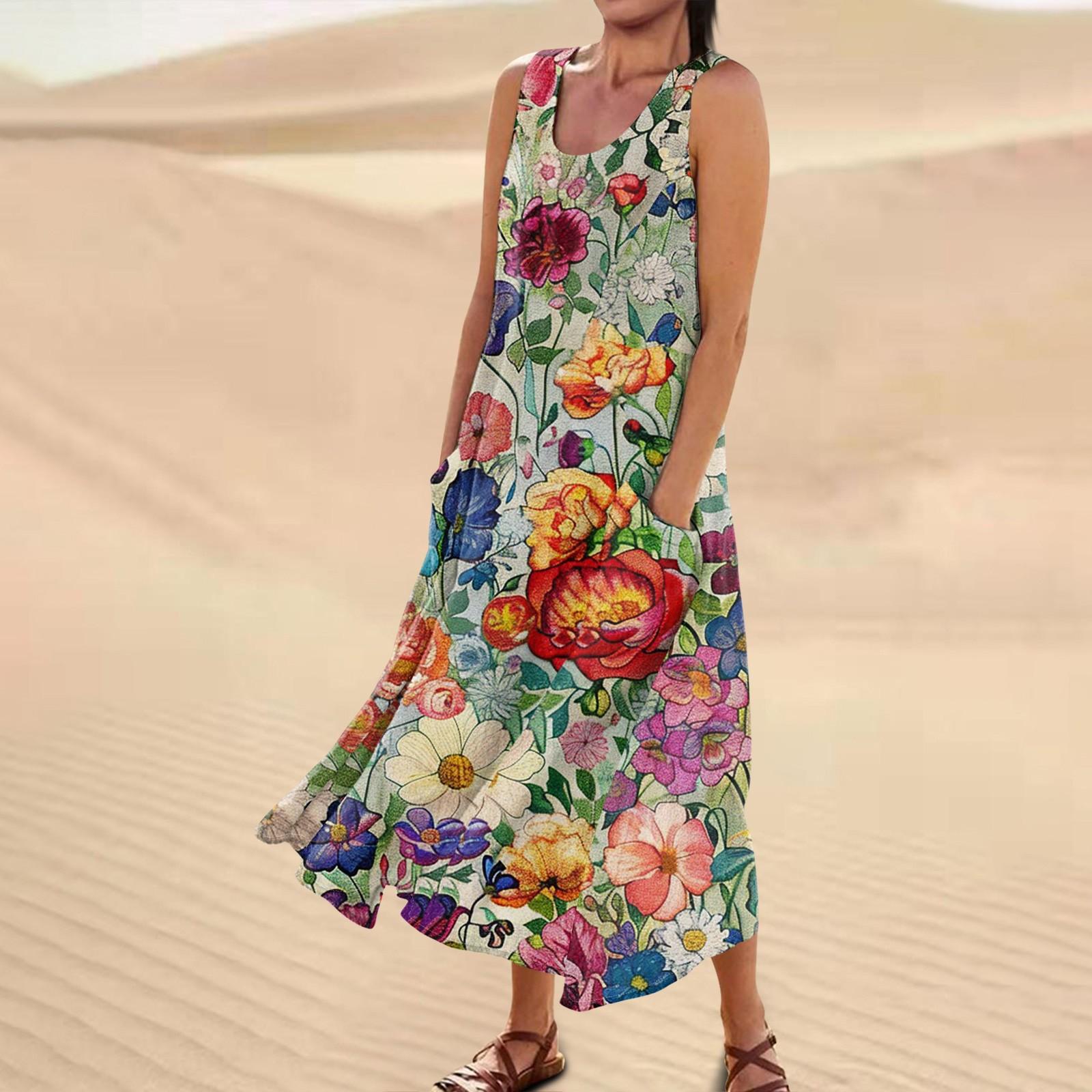 

Женское повседневное удобное хлопковое карманное платье без рукавов с цветочным принтом L