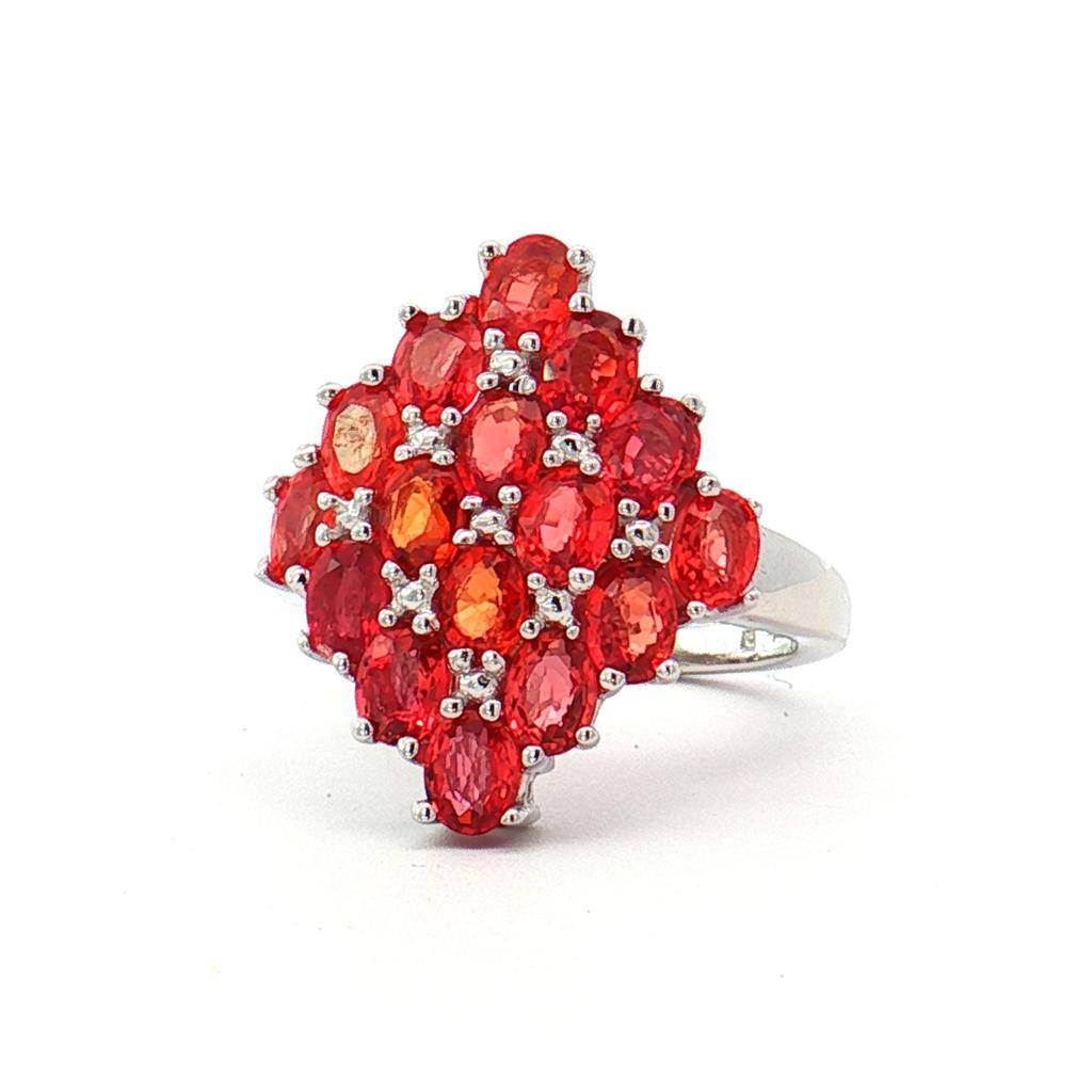Orange Sapphire Oval Gemstone Band Ring, Rhodium Plated Sterling Silver Stackable Ring