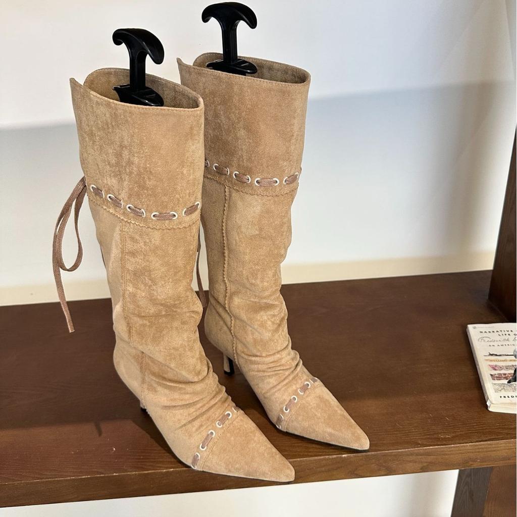 2025 autumn and winter new fashion versatile pointed pleated piled boots women's two wear Spice Girls western cowboy boots