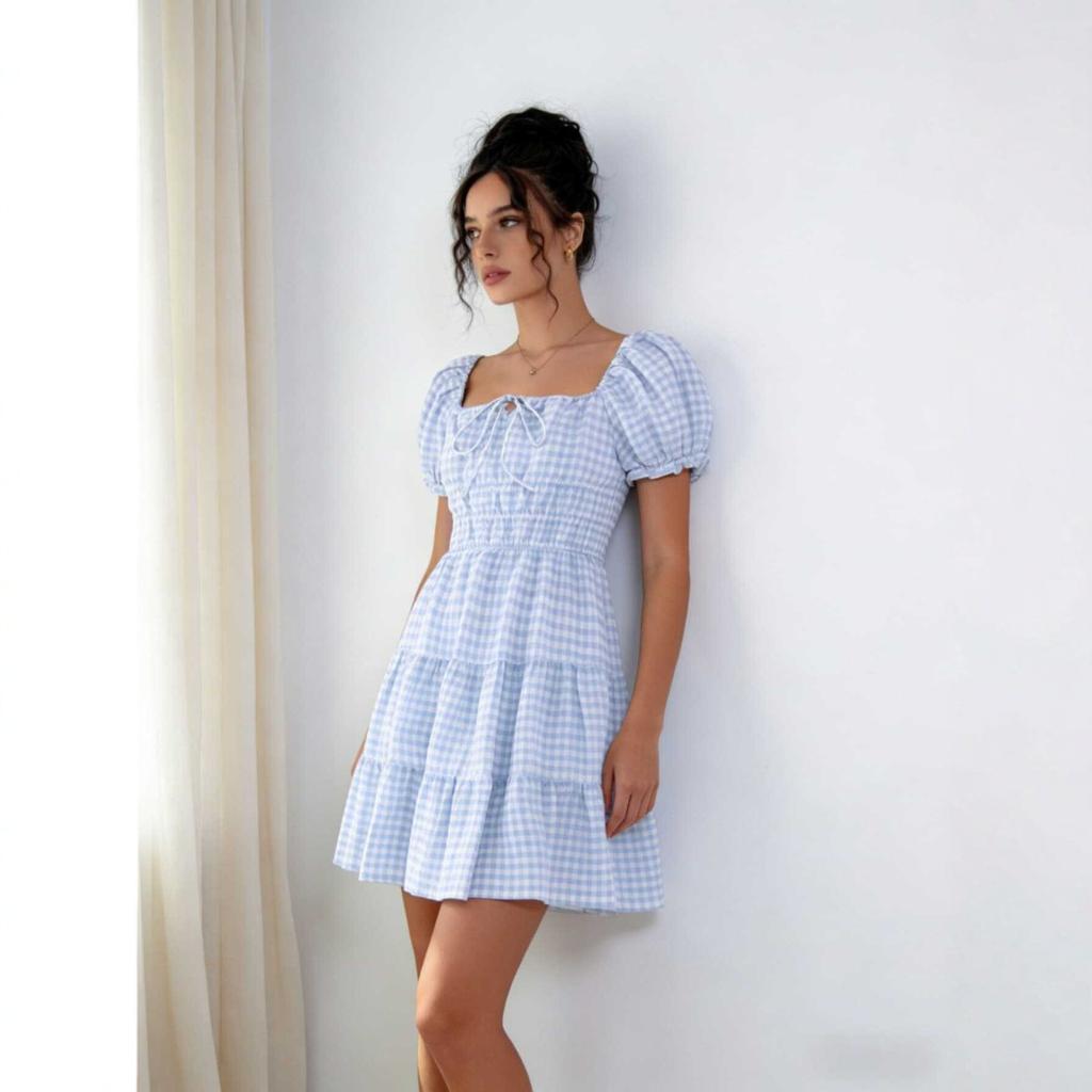 Nuovo vestito scozzese francese da donna maniche a sbuffo vita gonna a trapezio fresco e dolce gonna corta abbigliamento estivo da donna