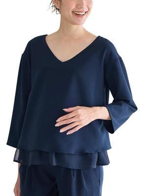 ANGELIEBE Maternity with Nursing Mouth Stretch Georgette Layered Tops Prenatal Clothes Prenatal and Postnatal Layering Style Commuting S To M Navy