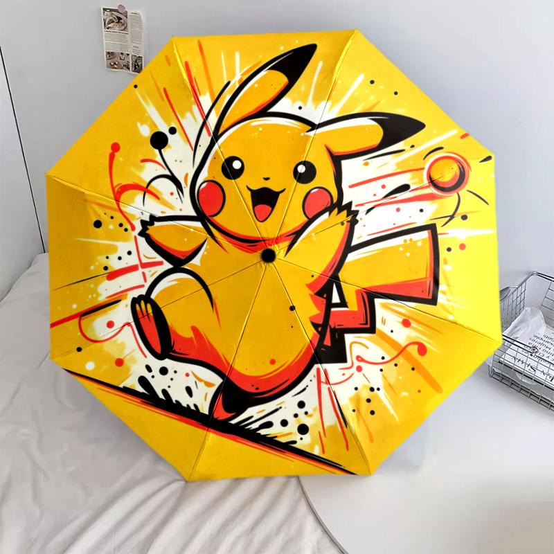 Happy Pikachu Pattern, Automatic Folding Umbrella, Portable and Foldable Design, 8 Ribs, a Christmas or Birthday Gift.