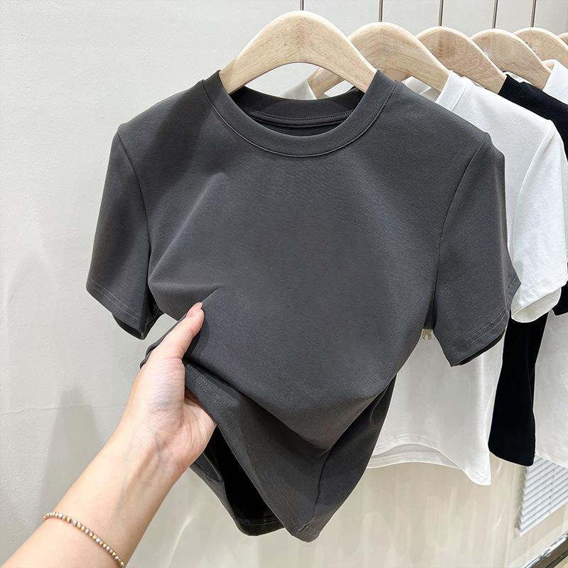 Summer Solid Color Spice Girl White Short-sleeved T-shirt Women's Korean Version Versatile Slim-fitting and Thin Round Neck Tight Bottoming Shirt