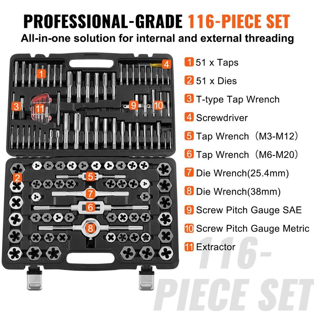 Tap and Die Set, 116-Piece Include Metric and SAE Size, Bearing Steel Taps and Dies, Essential Threading Tool for Cutting External Internal Threads,