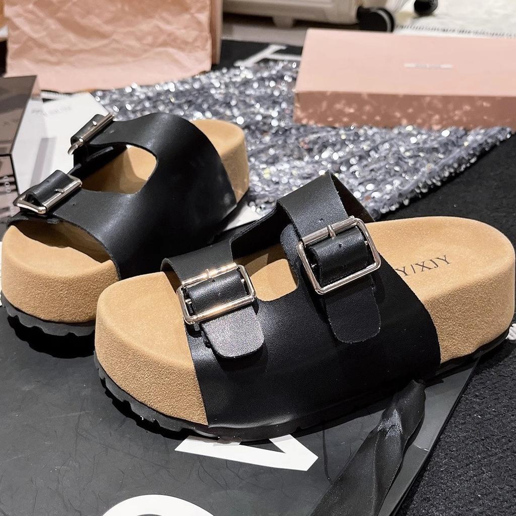 Soft leather version~ Mrs. Chen, the same thick-soled muffin, one-word small sandals, slippers outside the beach, women's shoes