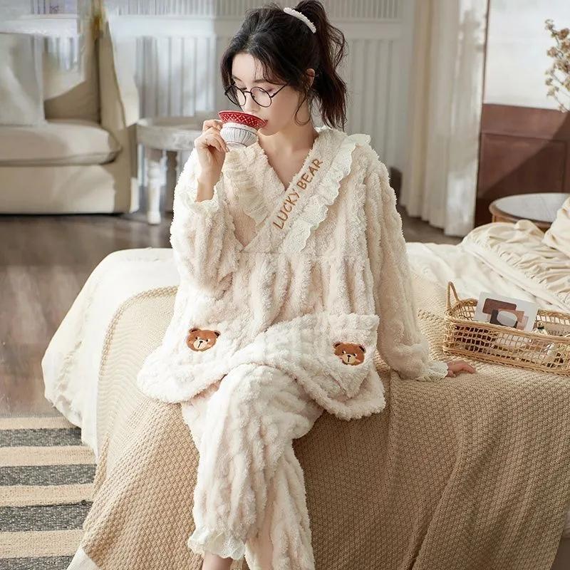 Women Sleepwear Coral Velvet Pajamas Women Autumn Winter Thick Loungewear Cute Flannel Insulation Large Size Home Clothing Set