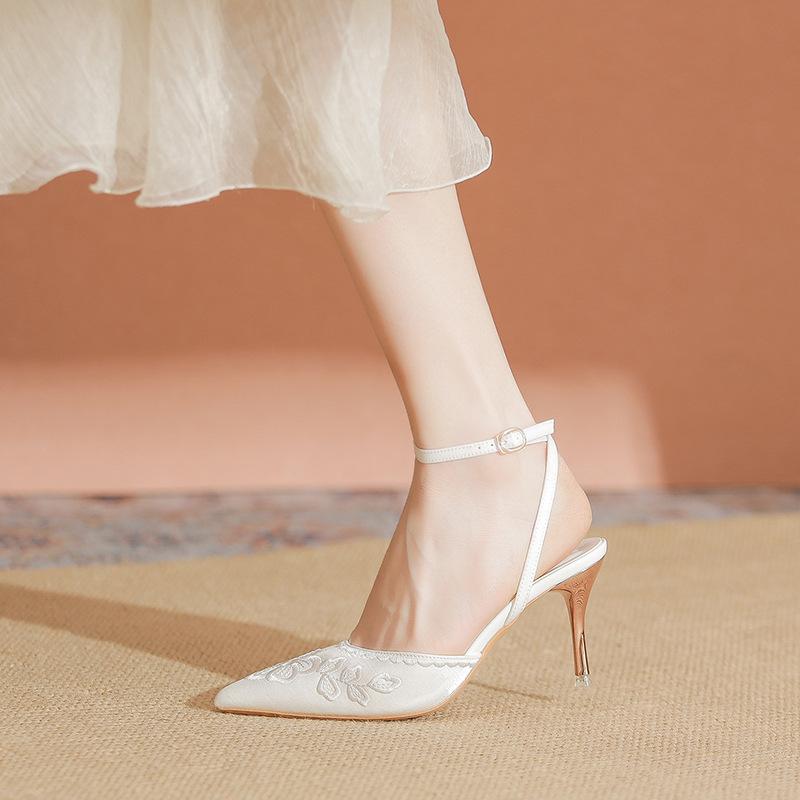 White high heels new summer with skirt pointed thick heel fairy wind bag head sandals