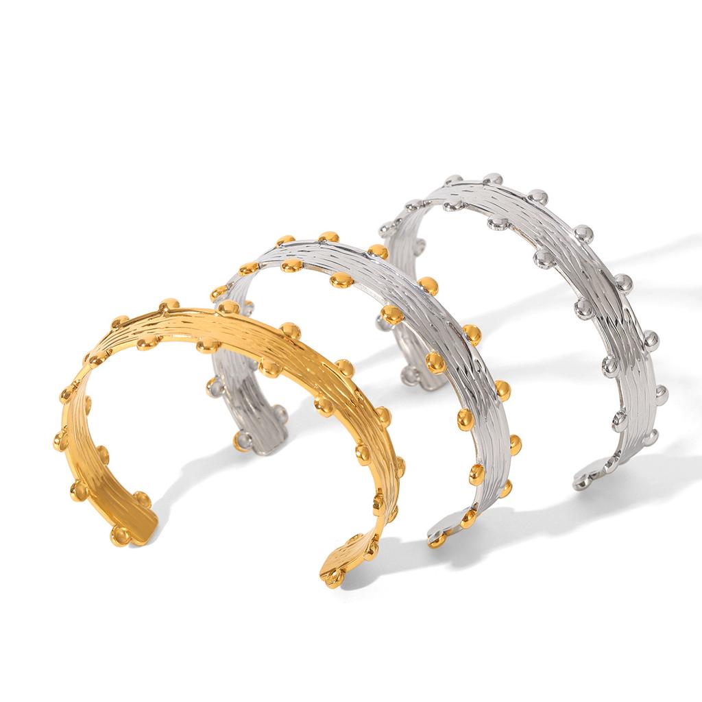 French Vintage Pleated Gold Bead Open Bangle, High-end Stainless Steel Gold-plated Bracelet, Titanium Steel Hand Jewelry