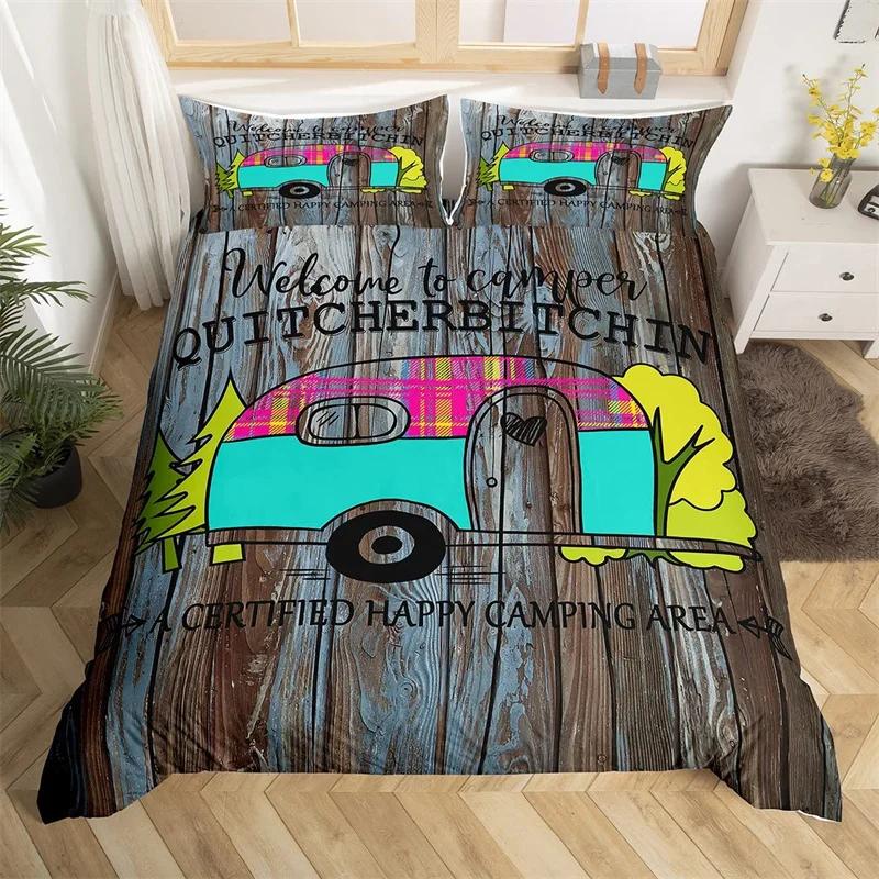 Camper Bedding Set Vintage Cabin Twin Full King Duvet Cover Cartoon Camp Travel Car Quilt Cover Farmhouse Style Comforter Cover