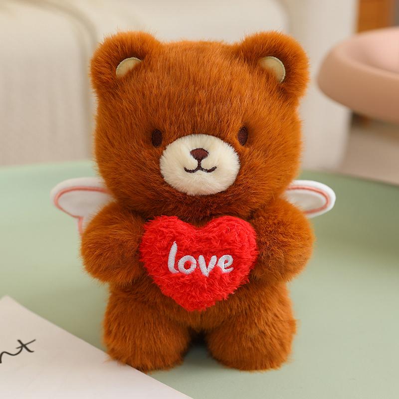 20Cm Angel Sweet Animal Plush Toy Stuffed Standing Brown Bear White Rabbit Holding Red Heart I Love You Valentine'S Day Gift