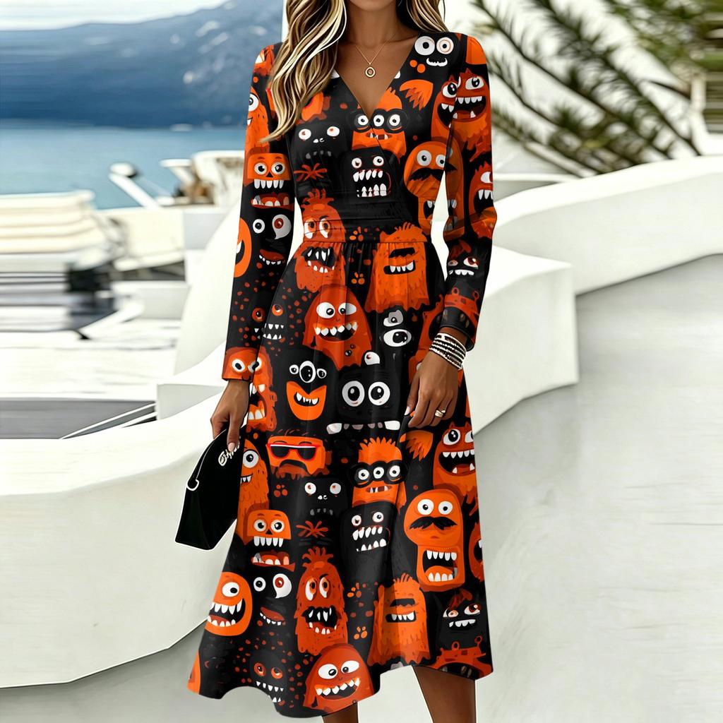 Women's Halloween Print V-Neck Long Sleeve Casual Dress with Pockets