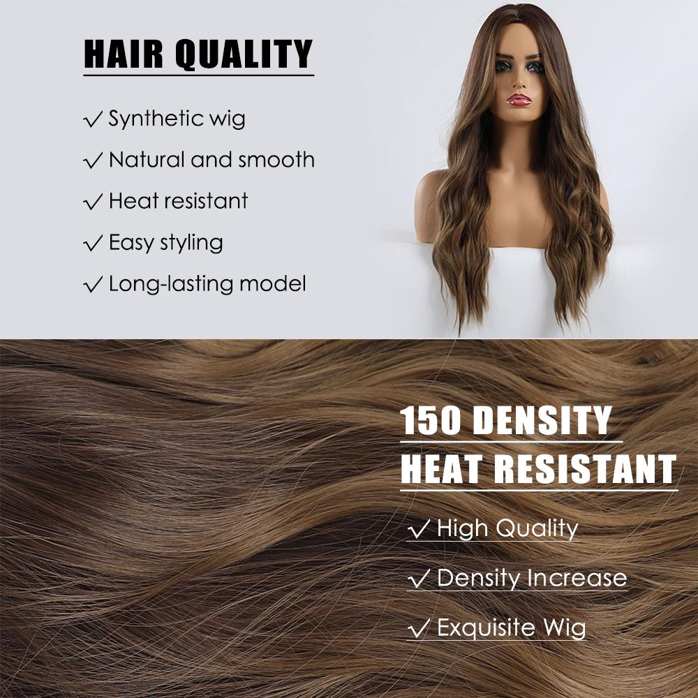 Long Brown Ombre Synthetic HairTypeWigs for Women Hair Wavy Middle Part Female Cosplay Party Daily UseHeat Resistant