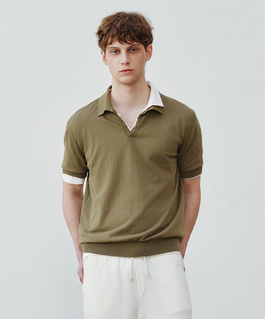 Jeilium Cotton Summer Essential Cable Polo Neck Khaki (Dry Touch)