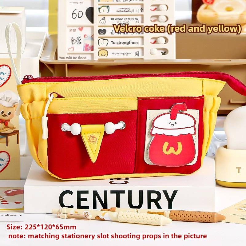 Cartoon Bear Retro Burger Color Blocked Pencil Bag Multi Functional Cute High Beauty Large Capacity Stationery Box Pencil Bag