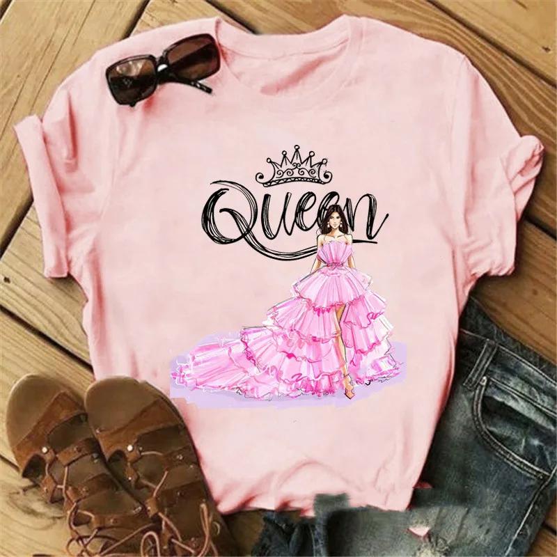 Pink Crown Queen Print Women T Shirt Short Sleeve O Neck Loose Women Tshirt Ladies Tee Shirt Tops Clothes Camisetas Mujer