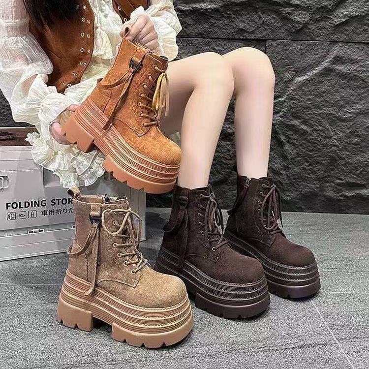 Lace-up super thick-soled Martin boots, autumn and winter new Spice Girl style, small man increases height and shows legs, thin locomotive short boots